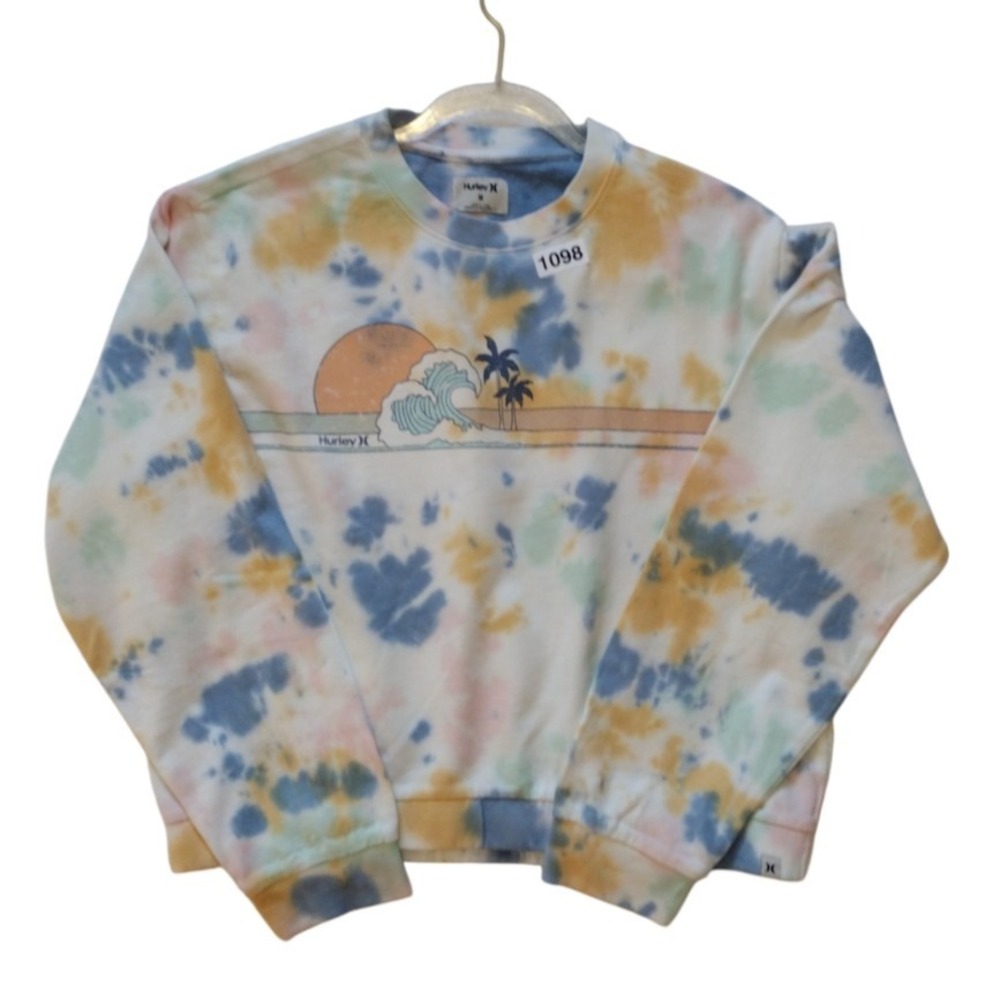 Hurley Sweatshirt Woman's M Multicolor Fun Tie Dye Cropped Long Sleevescrew Neck